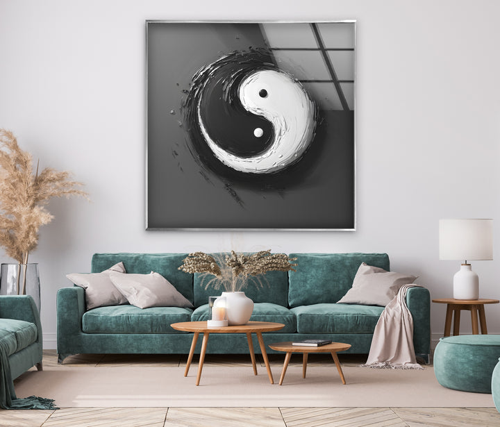 A beautifully detailed yin-yang composition printed on high-definition black and white glass wall art.