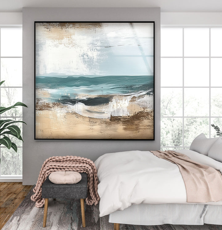 Tranquil Shoreline – Textured Coastal Horizon Glass Wall Art
