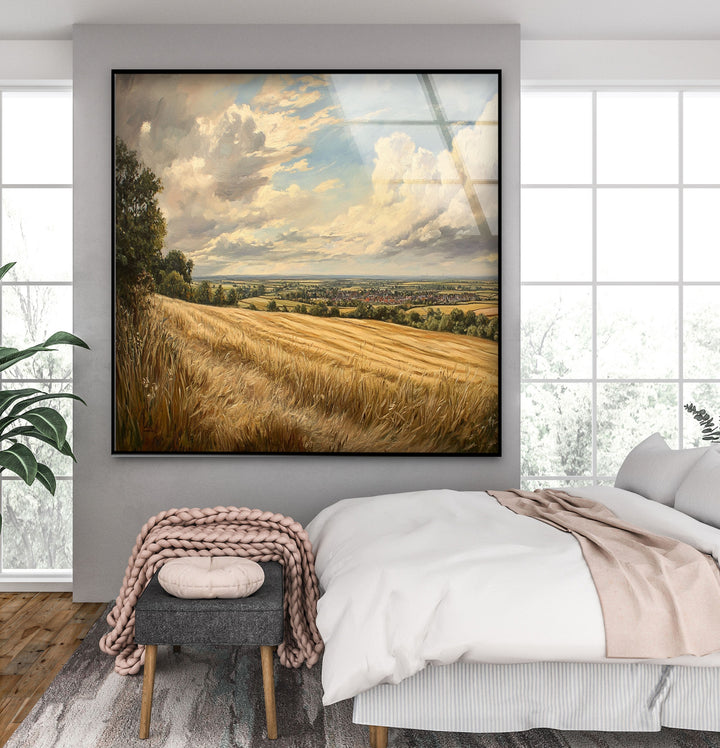 Golden Fields Horizon – Panoramic Wheat Landscape Glass Wall Art