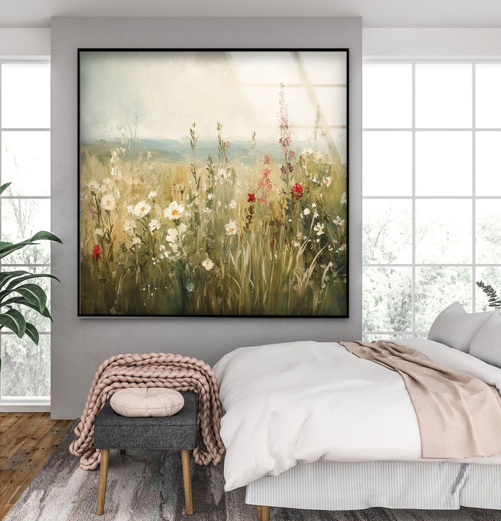 Wildflower Bloom – Tranquil Meadow Scene Glass Wall Art