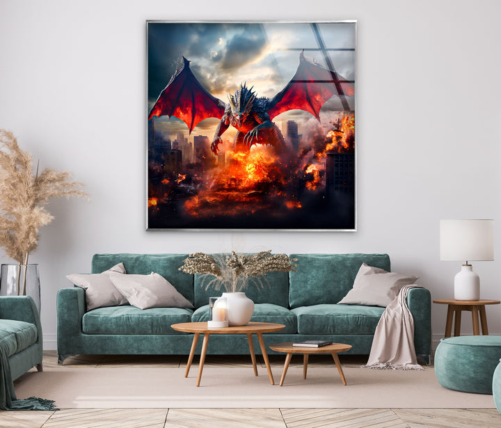 Dragon rampaging through a fiery city, its wings spread wide in devastation.
