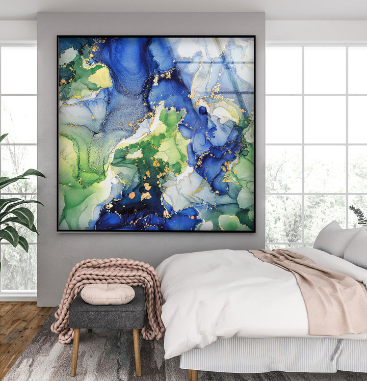 Emerald Ocean Currents – Blue & Green Abstract Glass Wall Art