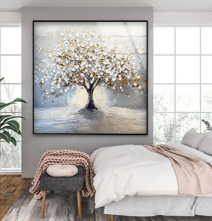 Golden Blossom Tree – Elegant White and Gold Glass Wall Art