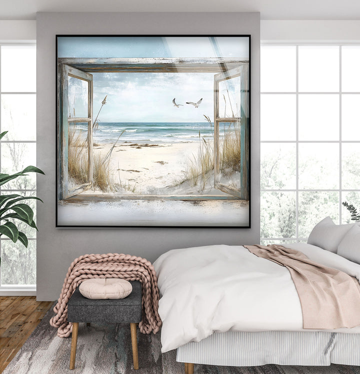 Seaside Freedom – Vintage Window View Glass Wall Art