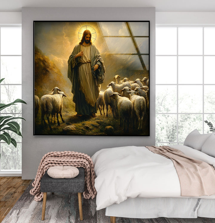 Der gute Hirte – Jesus mit Schafen – Wandbild aus Glas