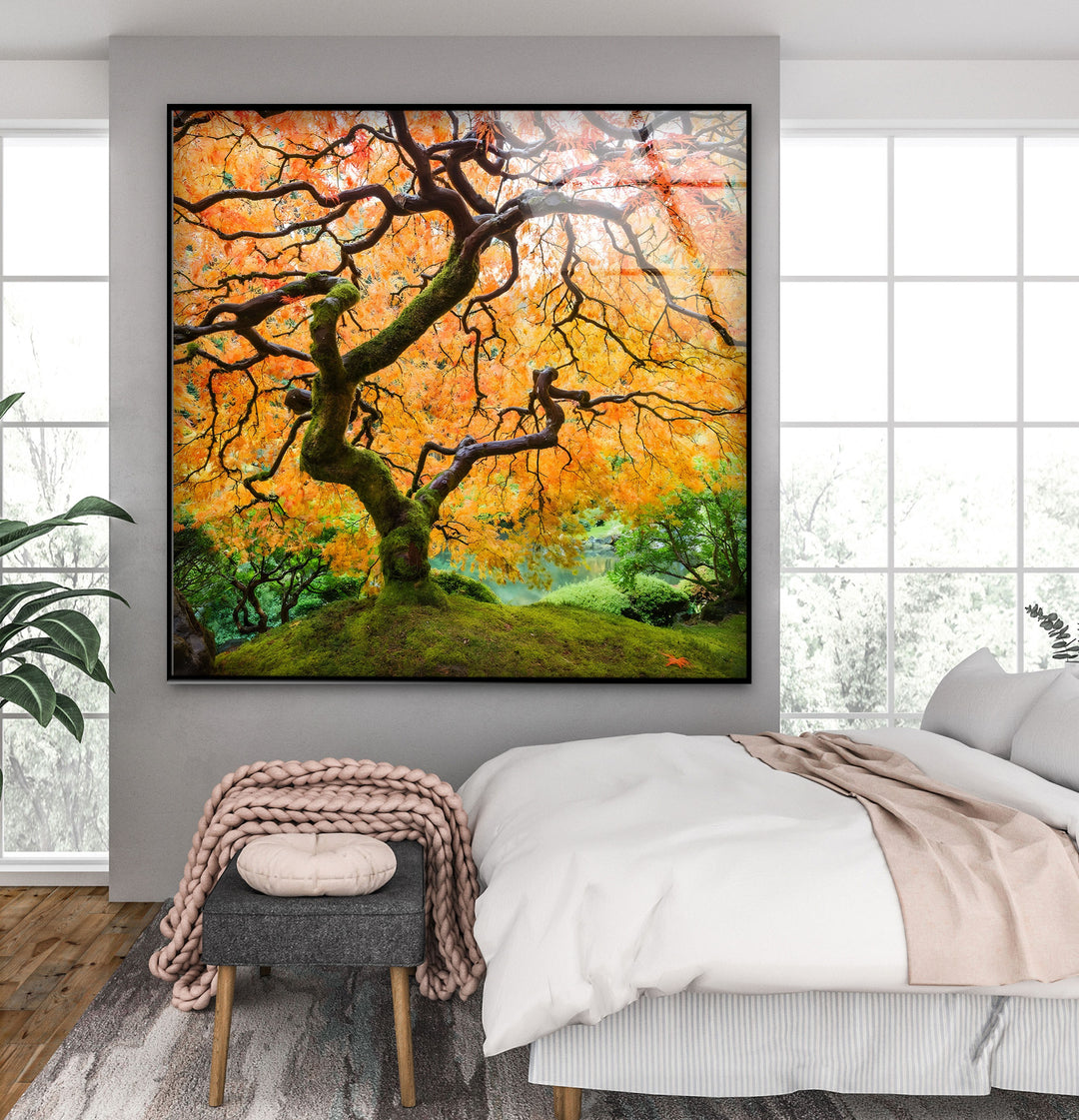 Golden Canopy Elegance – Japanische Ahorn-Glaswandkunst