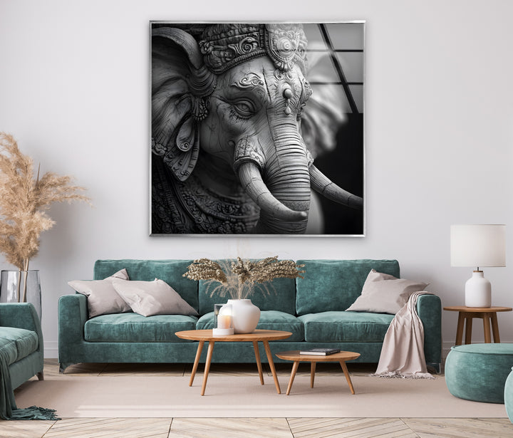 An intricate, detailed depiction of Lord Ganesha in black and white, printed on premium glass wall art.

