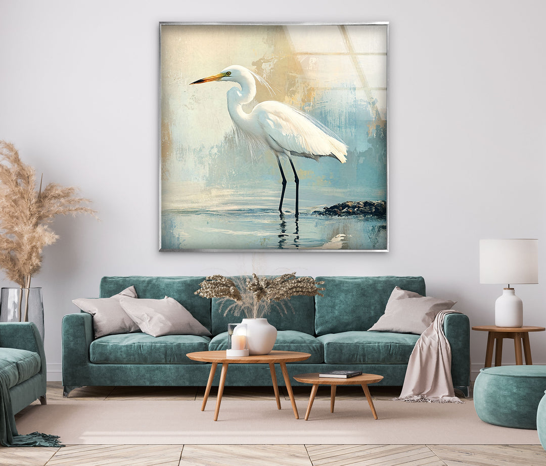 Whispering Waters – Minimalistische Reiher-Wandkunst aus Glas