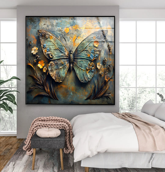 A serene bedroom scene filled with the enchanting, artistic mood of a metallic butterfly glass printing.