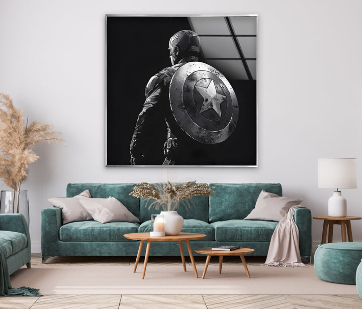 Captain America: Shield of Valor in Black and White on Glass Wall Art
