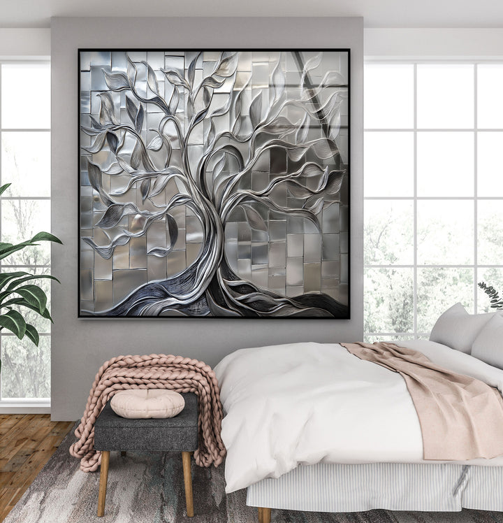 Radiant Silver Tree – Geometric Tile Design Glass Wall Art