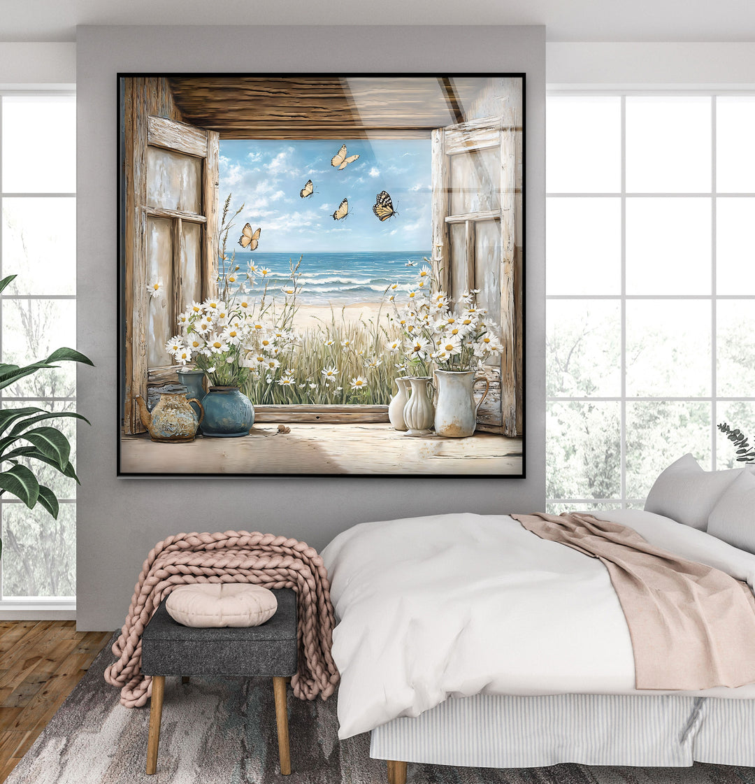 Butterfly Breeze – Window Flower & Ocean View Glass Wall Art