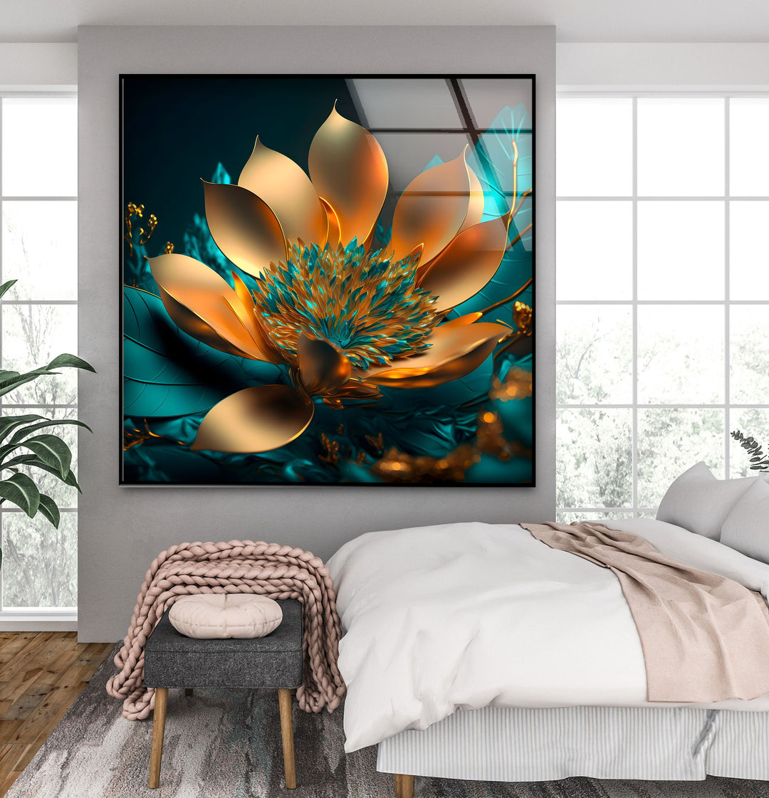 Golden Bloom Radiance – Modern Glass Wall Art