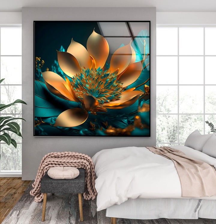 Golden Bloom Radiance – Modern Glass Wall Art