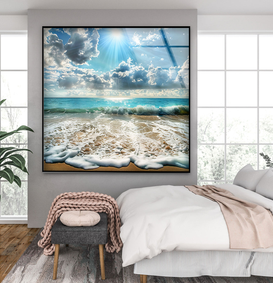 Sunlit Ocean Waves and Sandy Beach - Glass Wall Art