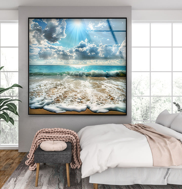 Sunlit Ocean Waves and Sandy Beach - Glass Wall Art