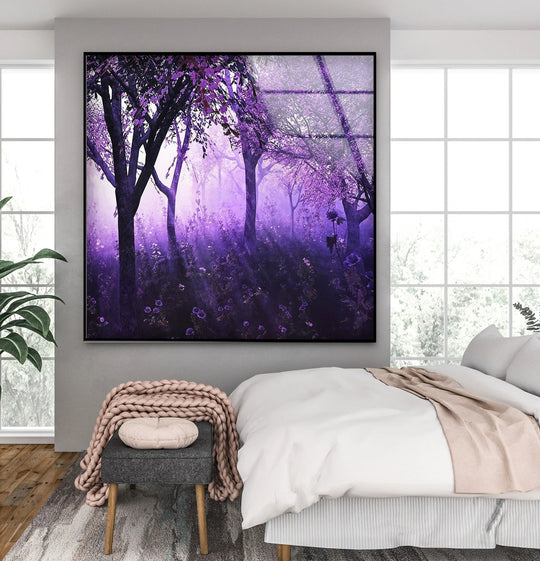 Visual rhythm creates depth in this mystic purple forest print wall art, the enchanted trees and lavender light combining for a peaceful repetition.