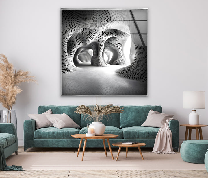 An abstract architectural composition in black and white, perfectly captured on high-quality glass wall art.
