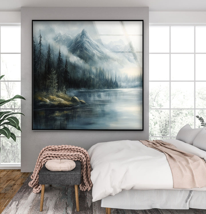 Whispering Pines – Misty Mountain Lake Glass Wall Art