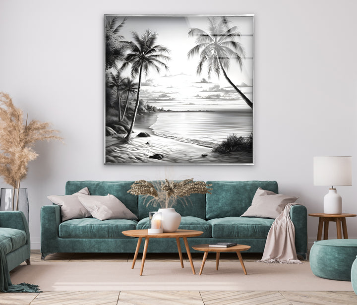 A minimalist yet striking beach scene with palm trees, printed in black and white on glass wall art.