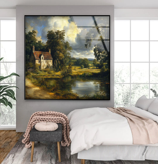 Reflecting light with a glossy surface texture, this vintage countryside landscape glass wall art showcases the best glass art with a cottage and pond scene.