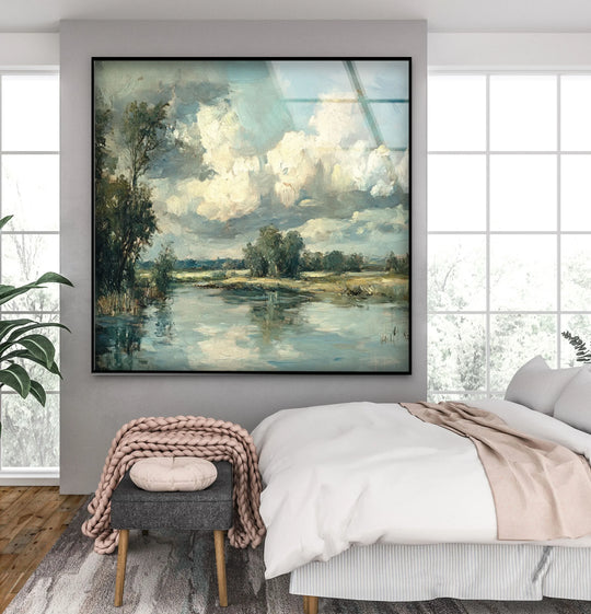 Cool color temperature radiates from the serene river landscape glass printing, portraying tranquil reflections and soft clouds in this vintage-style countryside wall art.