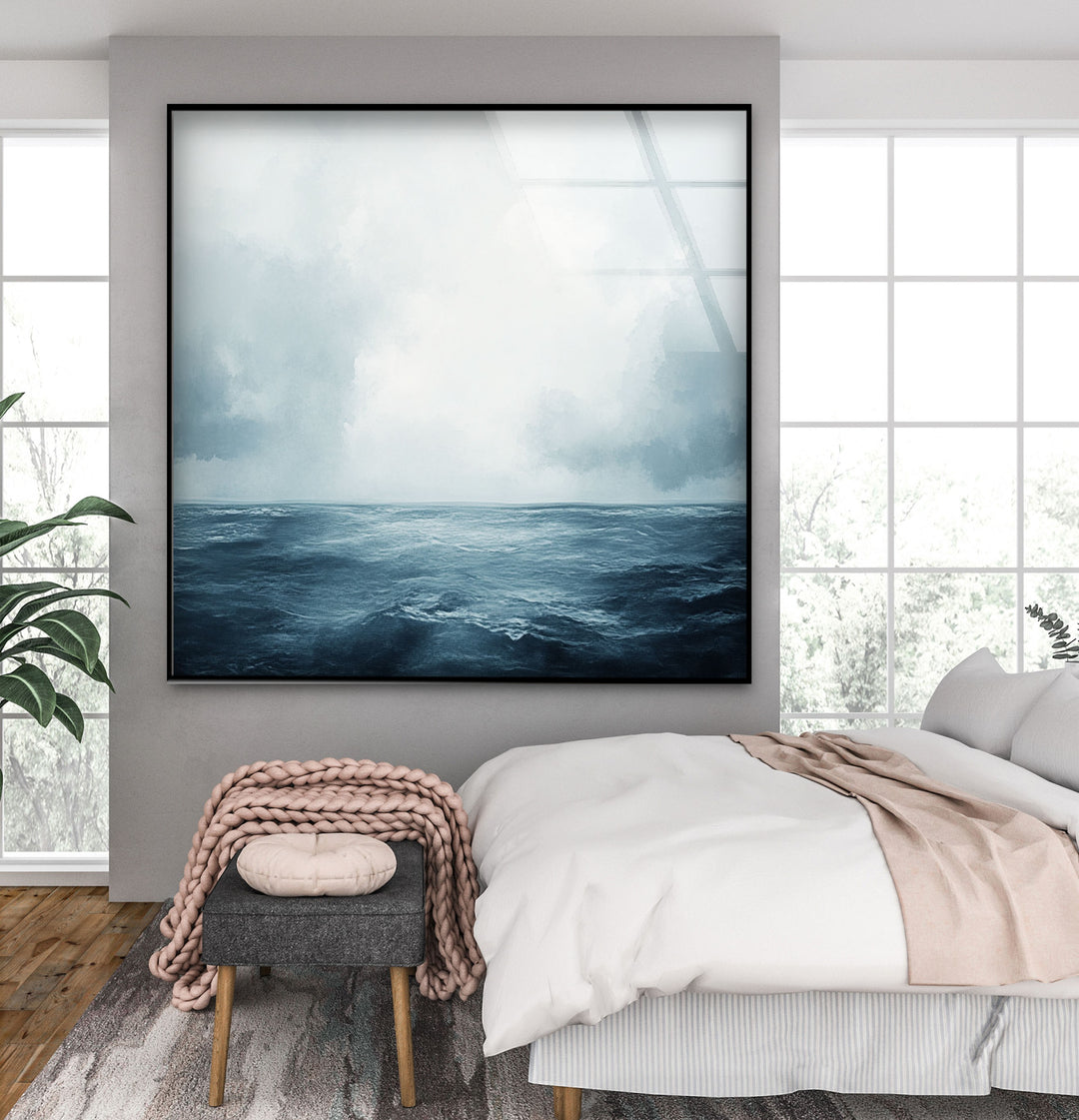 Endless Blue Horizon – Minimalist Ocean and Sky Glass Wall Art