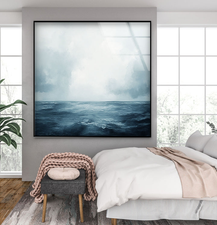 Endless Blue Horizon – Minimalist Ocean and Sky Glass Wall Art