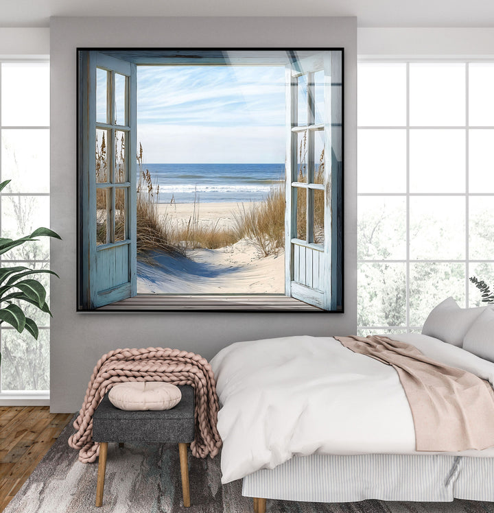 Ocean Breeze Escape – Open Window View Glass Wall Art