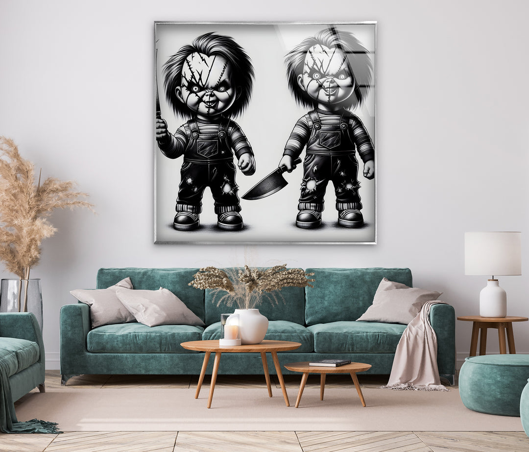 A mysterious and unsettling black and white abstract art piece featuring menacing stitched-up dolls.

