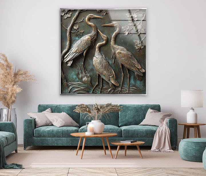 Verdigris Harmony – Bronze Crane Trio Glass Wall Art