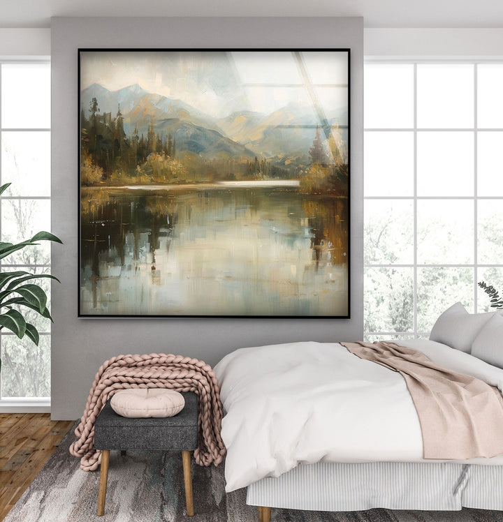 Tranquil Mountain Reflection – Misty Lake Scene Glass Wall Art