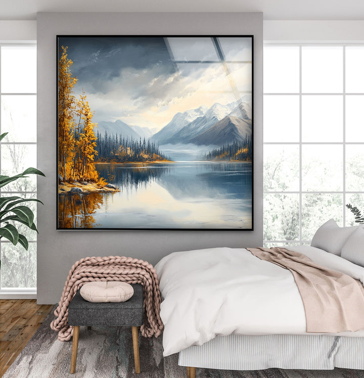 Snow-Capped Mountains and Autumn Trees - Glass Wall Art