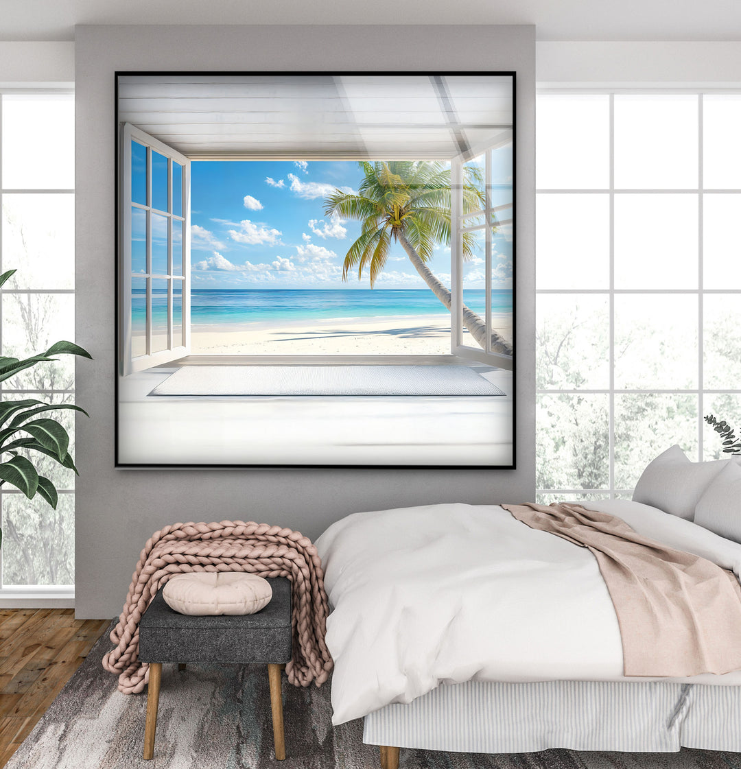 Tropical Escape – Palm Tree Ocean View Glass Wall Art