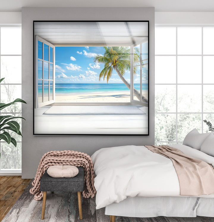 Tropical Escape – Palm Tree Ocean View Glass Wall Art