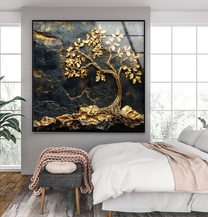 Golden Roots Tree – Strukturierte Luxus-Wandkunst aus Glas