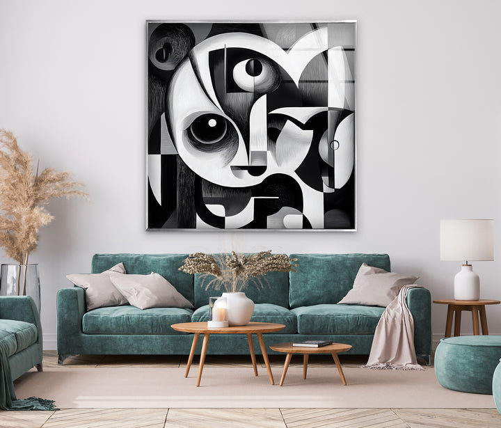 A sophisticated abstract composition with sharp lines and curves, printed on premium glass wall art.