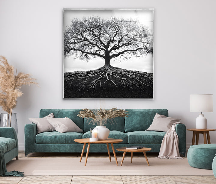 Nature-inspired Tree of Life artwork in a dramatic black and white composition on glass wall art.
