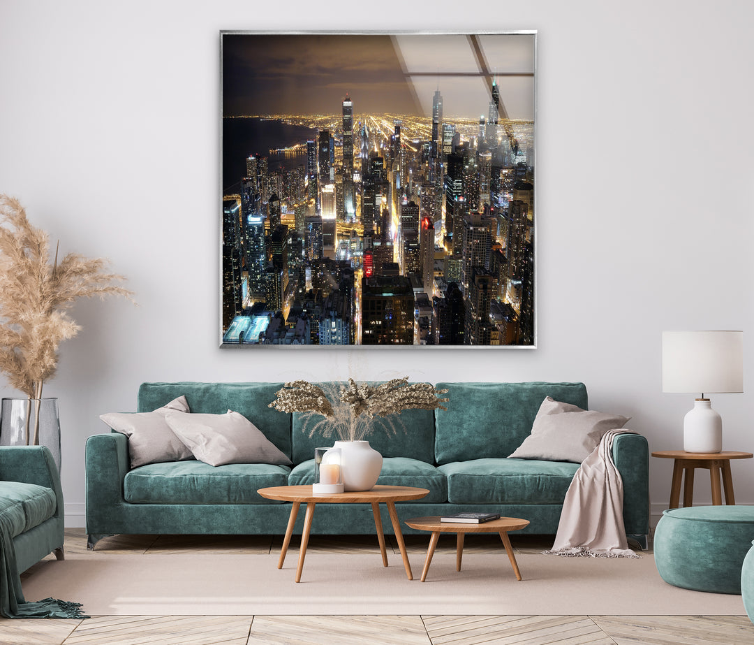 Chicago Stadtbild Glaswandkunst – Nacht Skyline Modernes Dekor