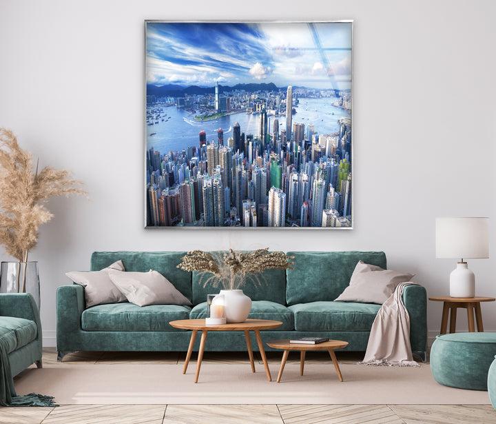 Glaswandkunst mit Skyline von Hongkong – Stadtbild und Hafenblick aus der Luft