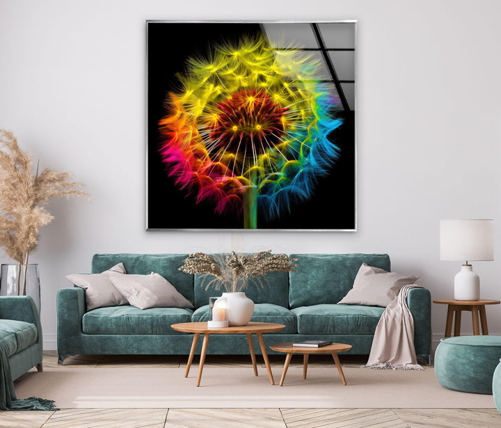 Colorful Dandelion Glass Wall Art, custom glass pictures, glass art prints