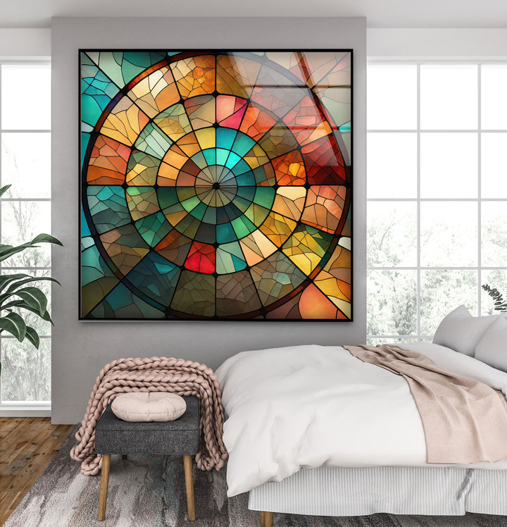 Rustikale Mosaik-Wandkunst aus Buntglas – Erdiges rundes Fensterdesign