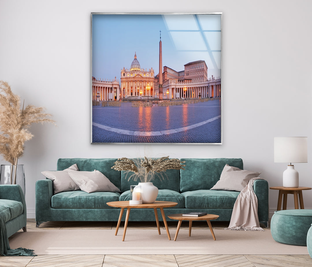 Glaswandkunst der Vatikanstadt – Majestätischer Blick auf den Petersplatz im Morgengrauen
