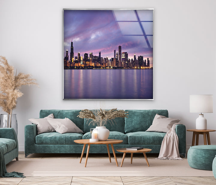 Glaswandkunst mit der Skyline von Chicago – Atemberaubender Blick auf die Innenstadt von Chicago bei Sonnenuntergang