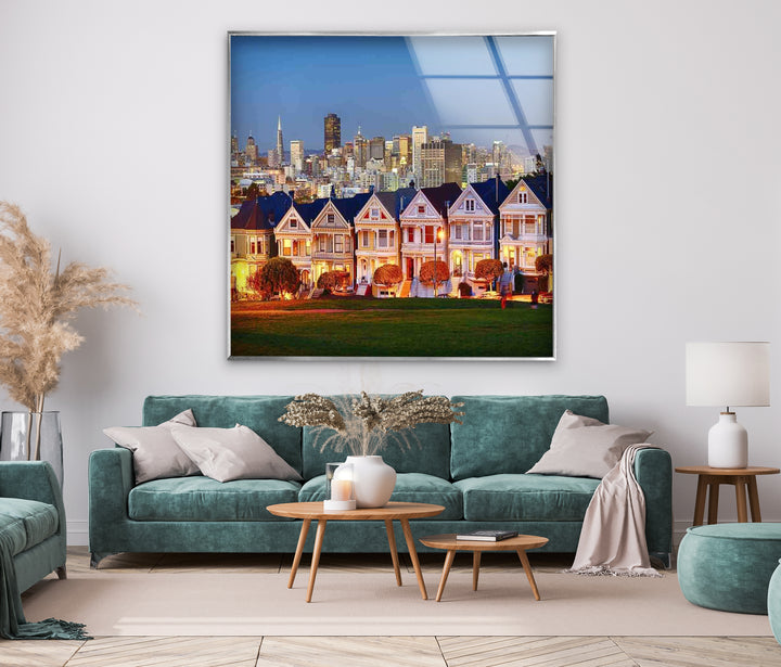 San Francisco Glaswandkunst – Painted Ladies &amp; Skyline der Stadt