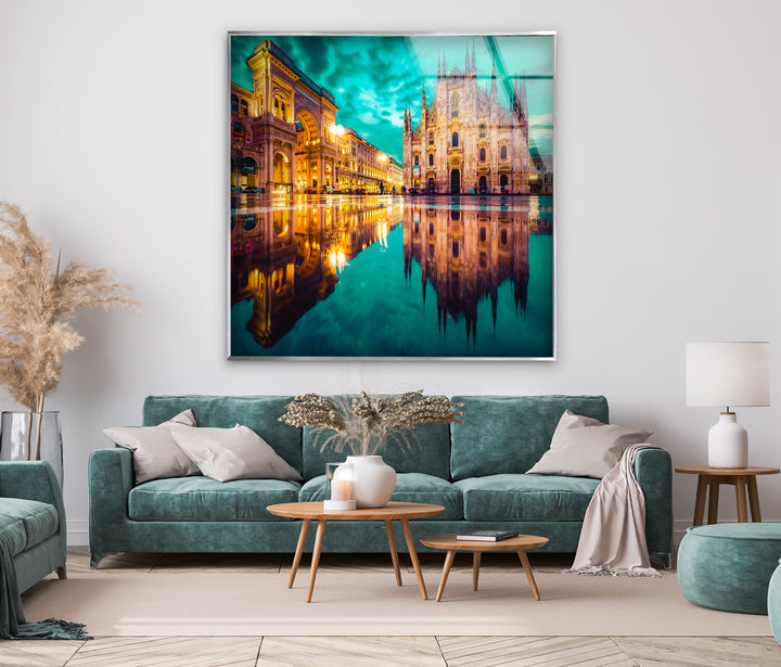 Glaswandkunst mit Stadtbild von Mailand – Spiegelbild der berühmten Domkathedrale und der Galleria Vittorio Emanuele