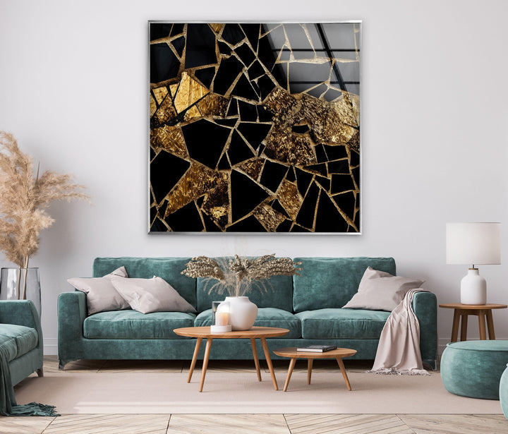 Schwarzer Marmor mit goldener Buntglas-Wandkunst