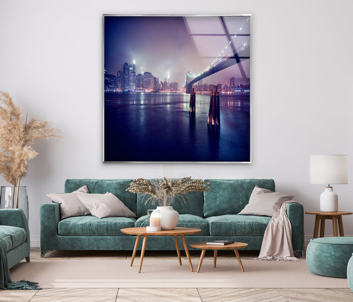 Brooklyn Bridge Glaswandkunst – Atemberaubende Skyline von New York bei Nacht mit Brooklyn Bridge