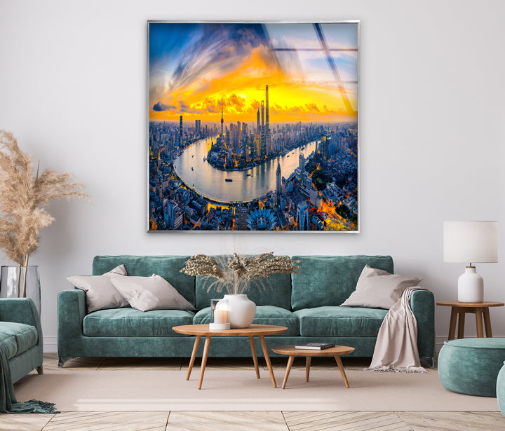 Glaswandkunst mit Skyline von Shanghai – Luftaufnahme des Stadtbilds bei Sonnenuntergang