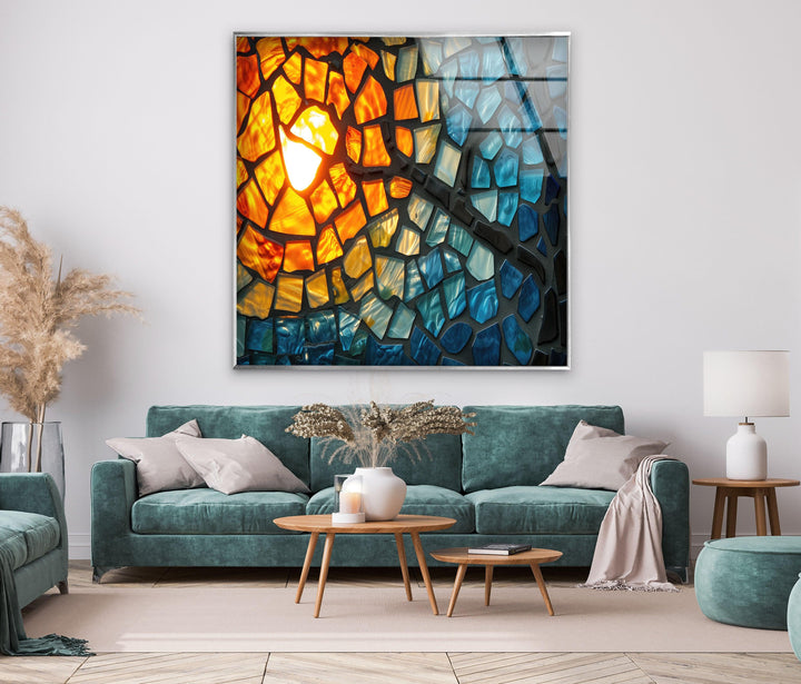Mosaic Orange & Blue Glass Wall Art picture on glass wall art, photos printed on glass